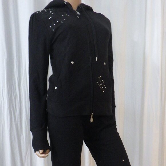 NWT BCBG sz SM MED LG XL BLK ON BLK APPLIQUE 100% COTTON 2 PIECE TRACKSUIT - Picture 1 of 16